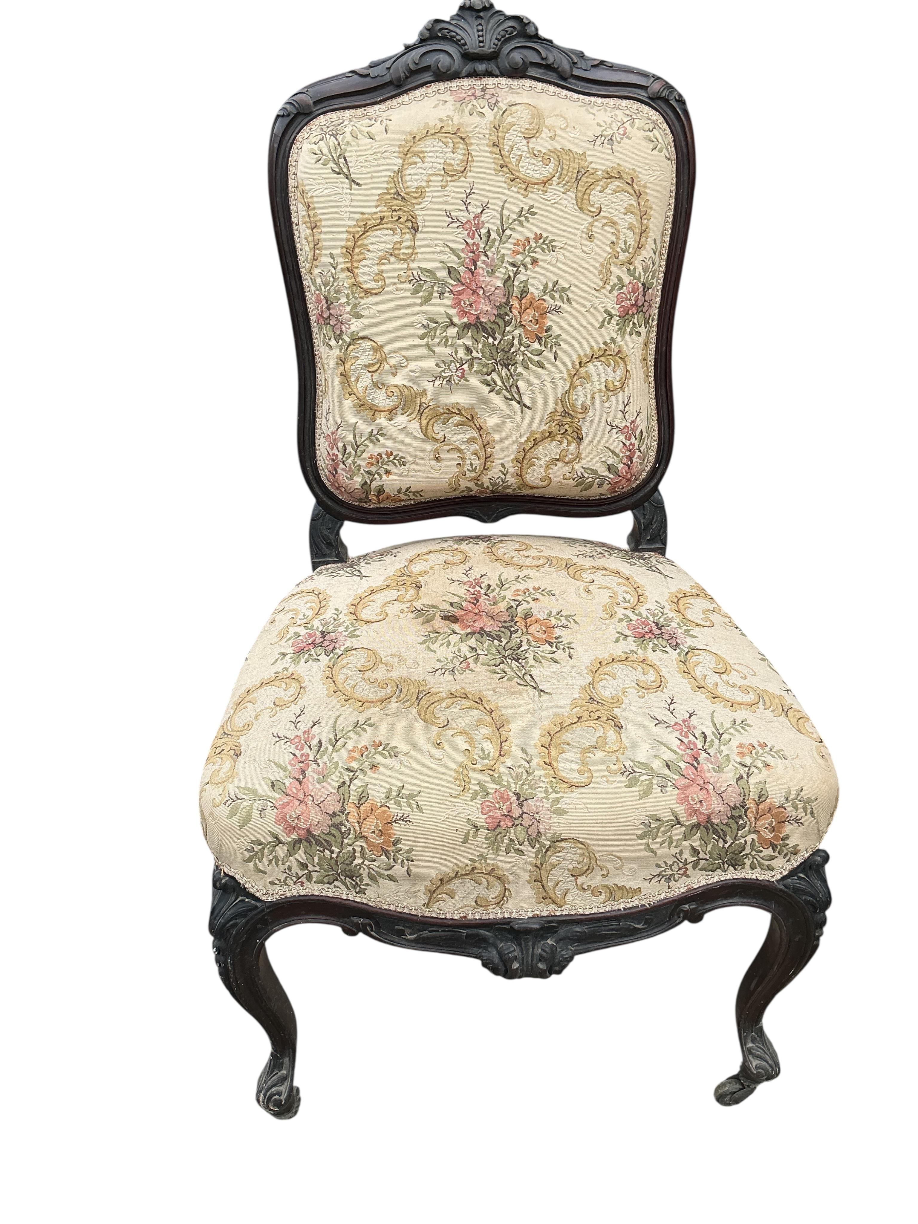 Three 19th century French carved tapestry upholstered chairs, one with arms, largest width 64cm, depth 56cm, height 105cm